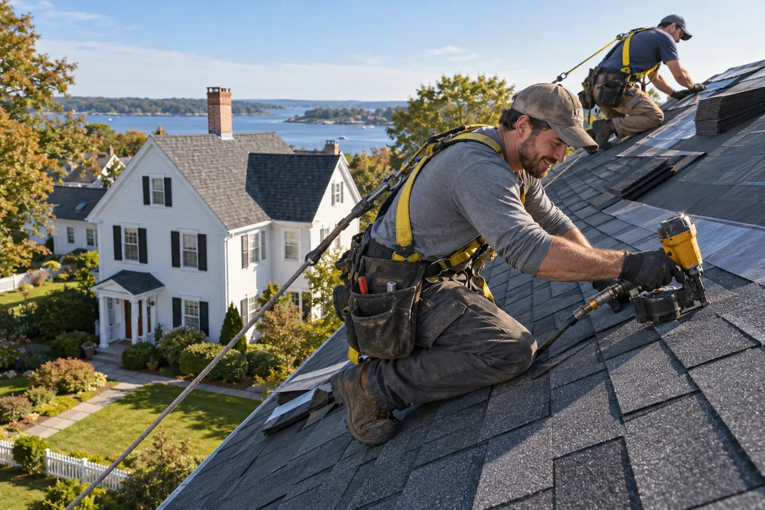 Roofing crew installing new shingles on a home in Middletown