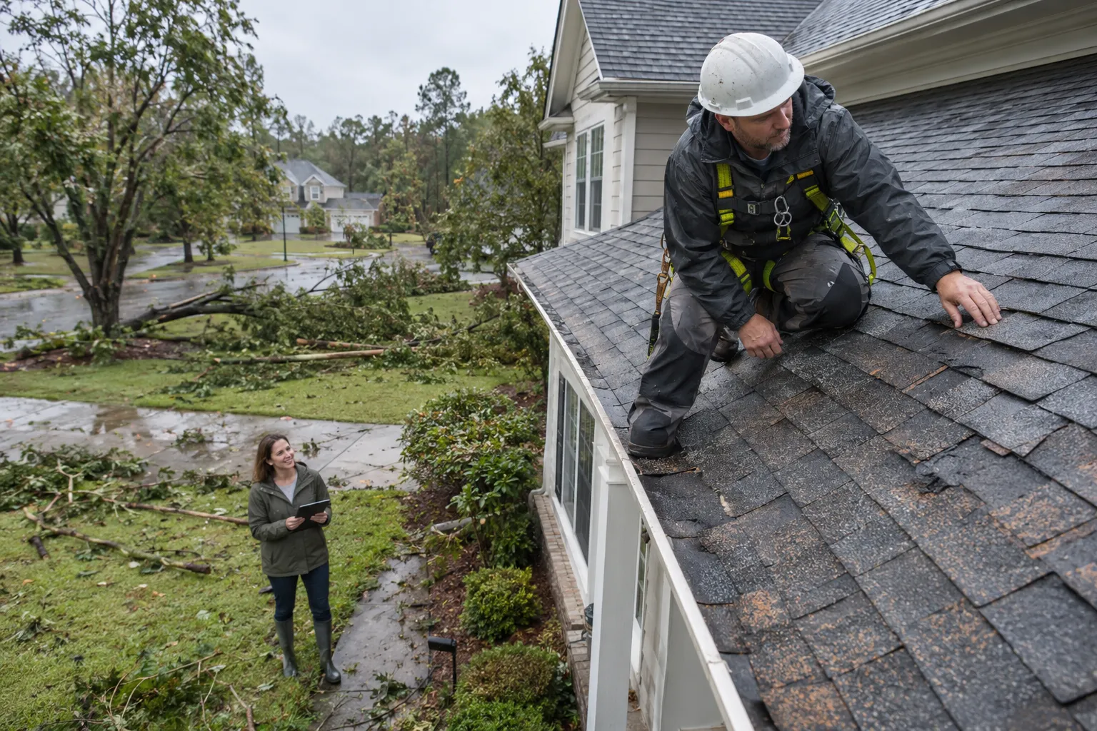 Local roofing provider inspecting hail damaged shingles on a home in Middletown